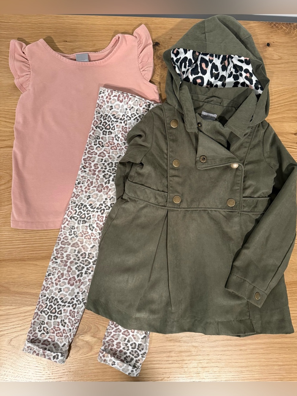 Tahari Olive Green Girls Hooded Jacket Set with Pink and Leopard Pants Accents